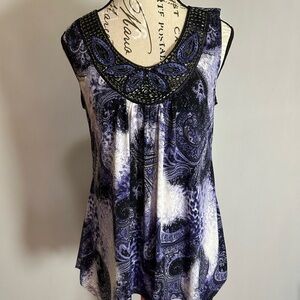 Dressbarn Blue Asymmetrical Embellished Sleeveless Tunic Medium